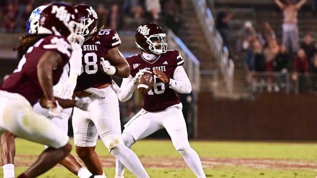Nov 4, 2023; Starkville, Mississippi, USA; Mississippi State Bulldogs quarterback Chris Parson (16) looks to pass against the Kentucky Wildcats during the fourth quarter at Davis Wade Stadium at Scott Field. Mandatory Credit: Matt Bush-USA TODAY Sports